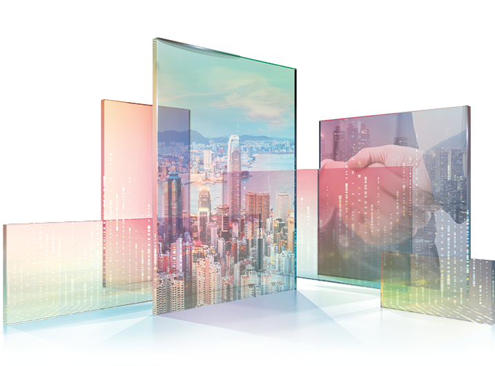Hong Kong skyline and a business handshake presented on translucent digital panels